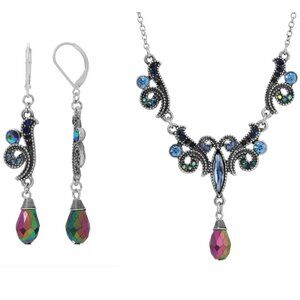 *NWT* 1928 Regency Iridescent Crystal & Blue Stone Dangle Earring & Necklace Set